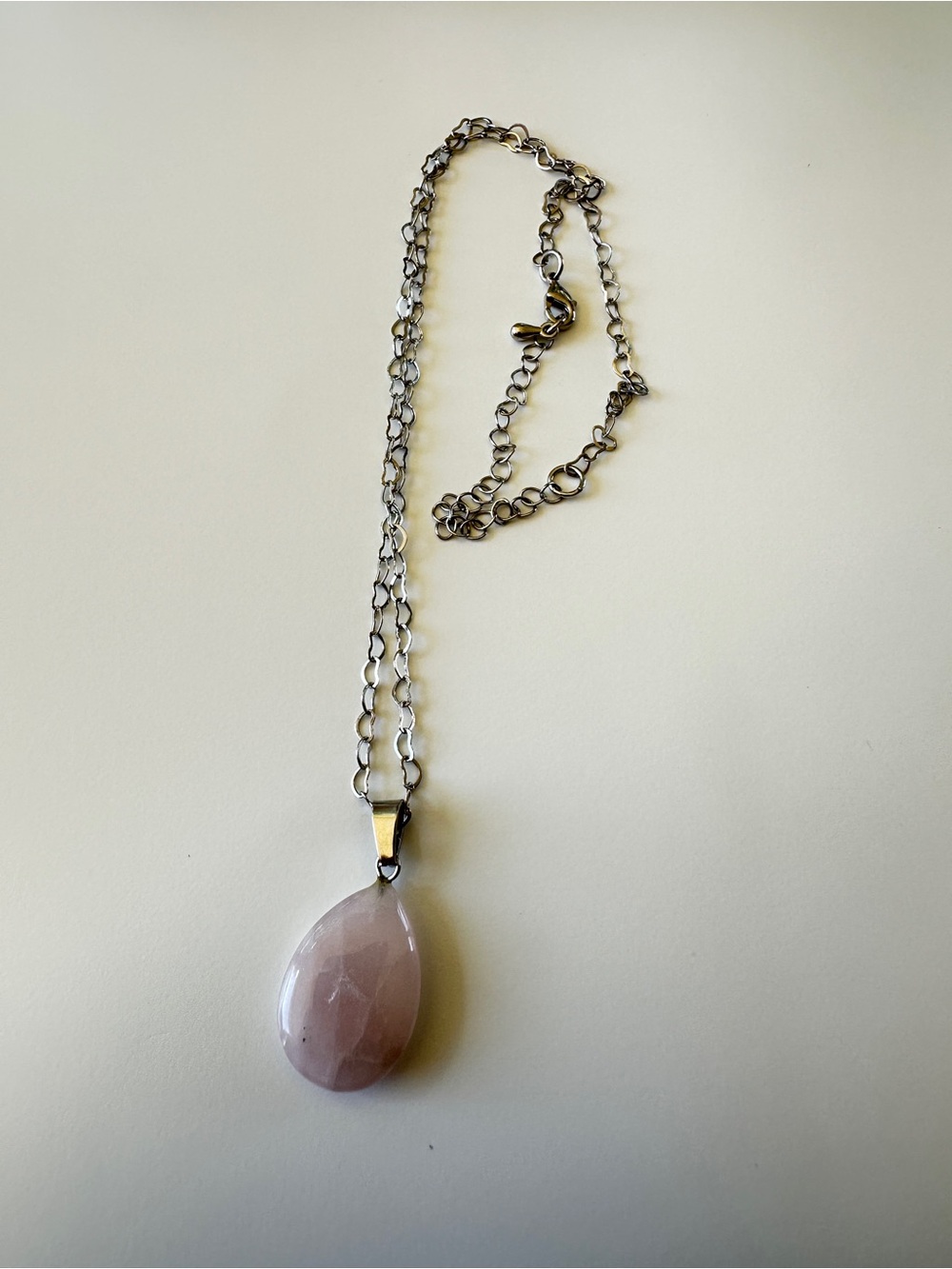 Silver Chain Necklace with Pink Rose Quartz Teardrop Pendant